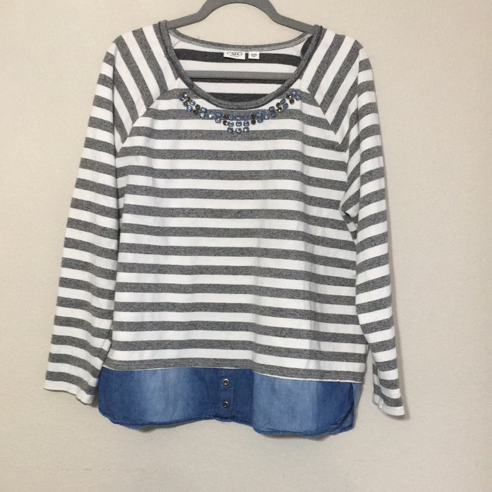 Cato jeweled neck shirt with denim peeking